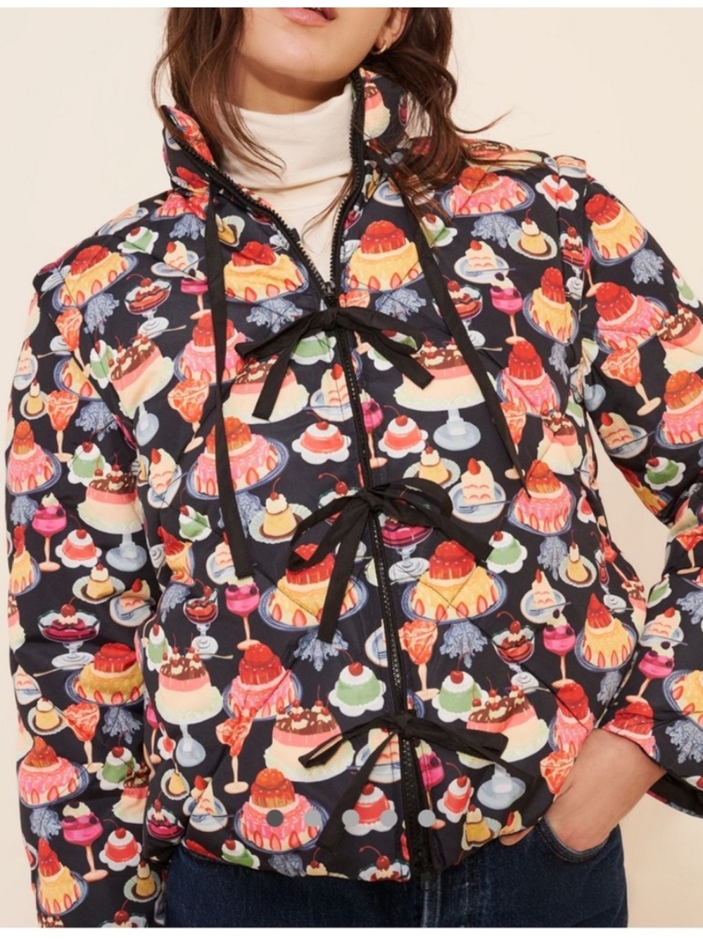 Lisa Says Gah Black Dessert-Print Puffer Jacket with Bow Details